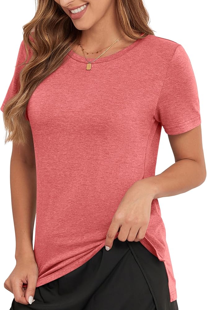 Women Crewneck Shirt Low Hem Short Sleeve Top Fitted Basic Tshirt with Side Split