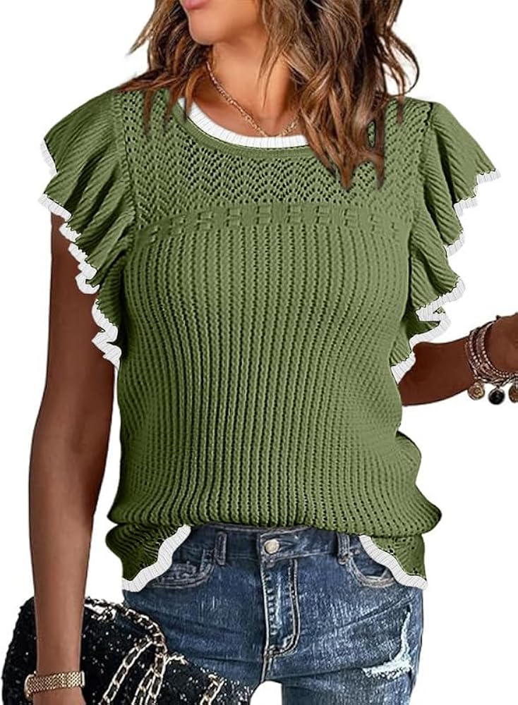 SHEWIN Womens Sweater Vest Ruffle Sleeve Sweaters for Women 2024 Fall Fashion Crewneck Cute Tops