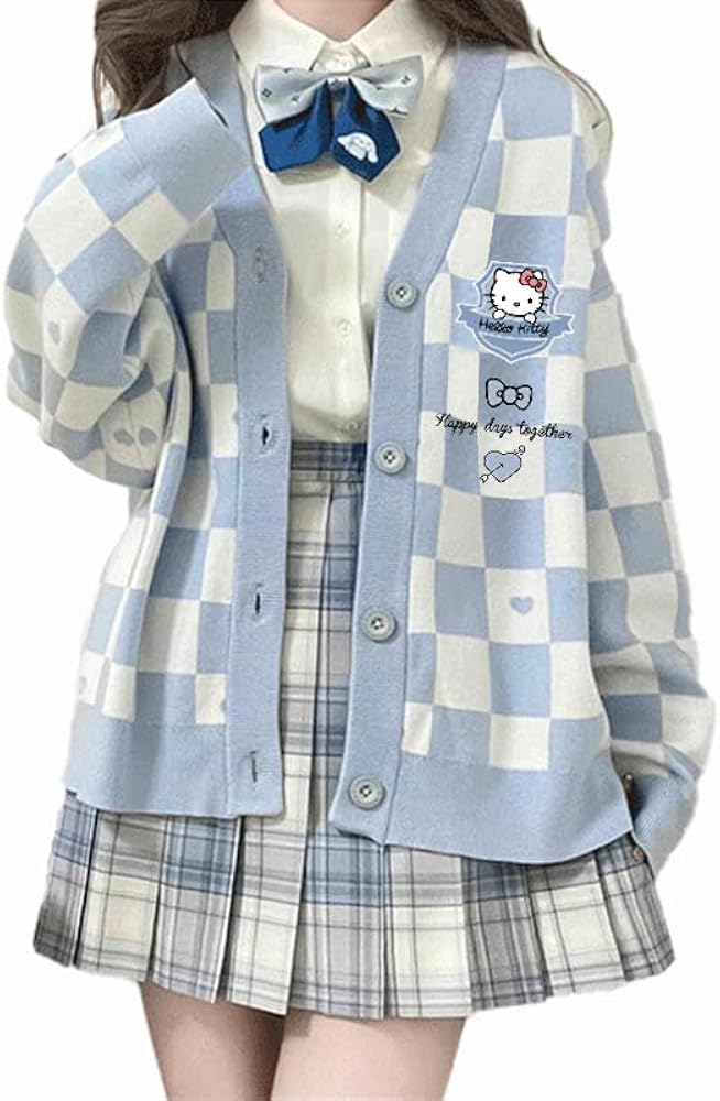 Cute Cardigan Kawaii Anime Sweater Plaid Cardigan Sweaters for Women Girls Jacket Cosplay Costume V-Neck Long Sleeve