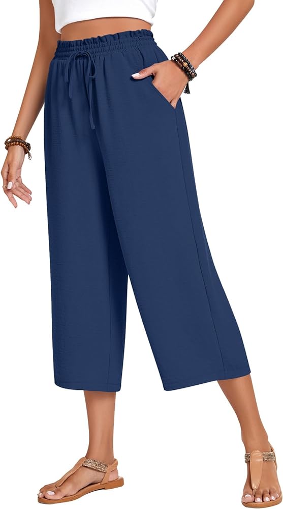 Anyhold Womens Capri Pants Loose High Waisted Wide Leg Lounge Pants Drawstring Casual Palazzo Pants Trousers with Pockets