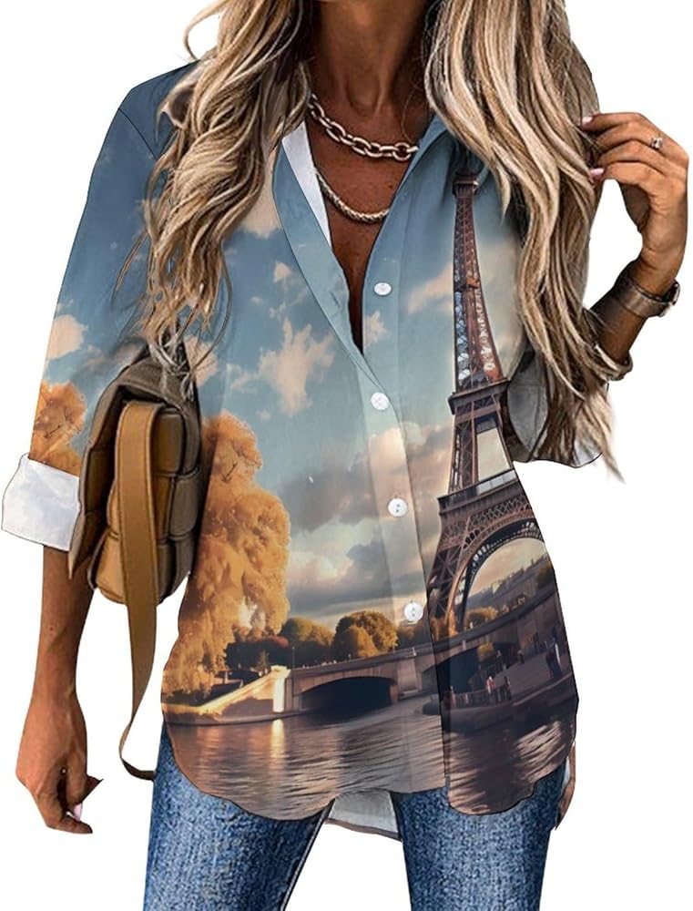 Paris Eiffel Tower Women's Button Down Shirts Long Sleeve Blouses V Neck Casual Tunics Tops