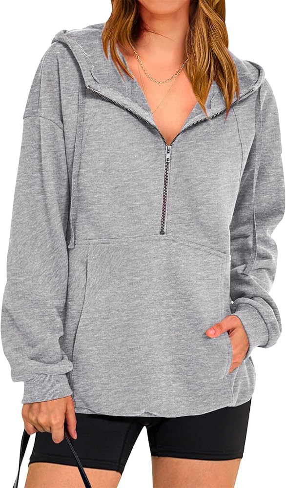 PRETTYGARDEN Women's Casual Long Sleeve Zip Up Hoodie Sweatshirt Drawstring Loose Quarter Zip Pullover Tops with Big Pocket