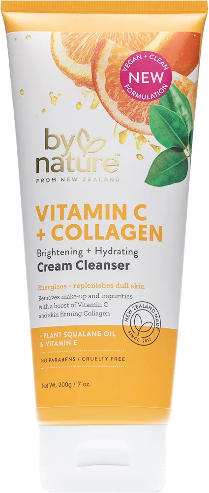 By Nature Face Cleanser- Brightening and Hydrating Cleanser Cream with Collagen + Vitamin C - Energize and Replenish Dull Skin + Remove Makeup and Surface Impurities - Gentle Face Cleanser for Women