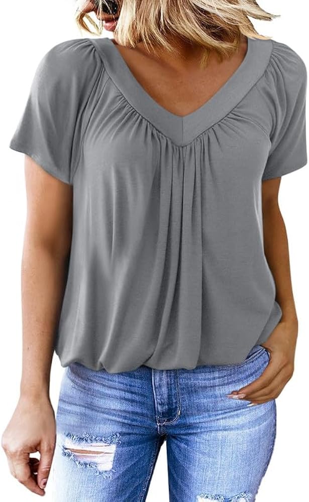 Dokotoo Womens Ladies Casual Summer Basic Henley Short Sleeve Shirts V Neck Solid Color Loose Fit Casual Blouse T Shirts for Women Tee Tunic Tops Gray L