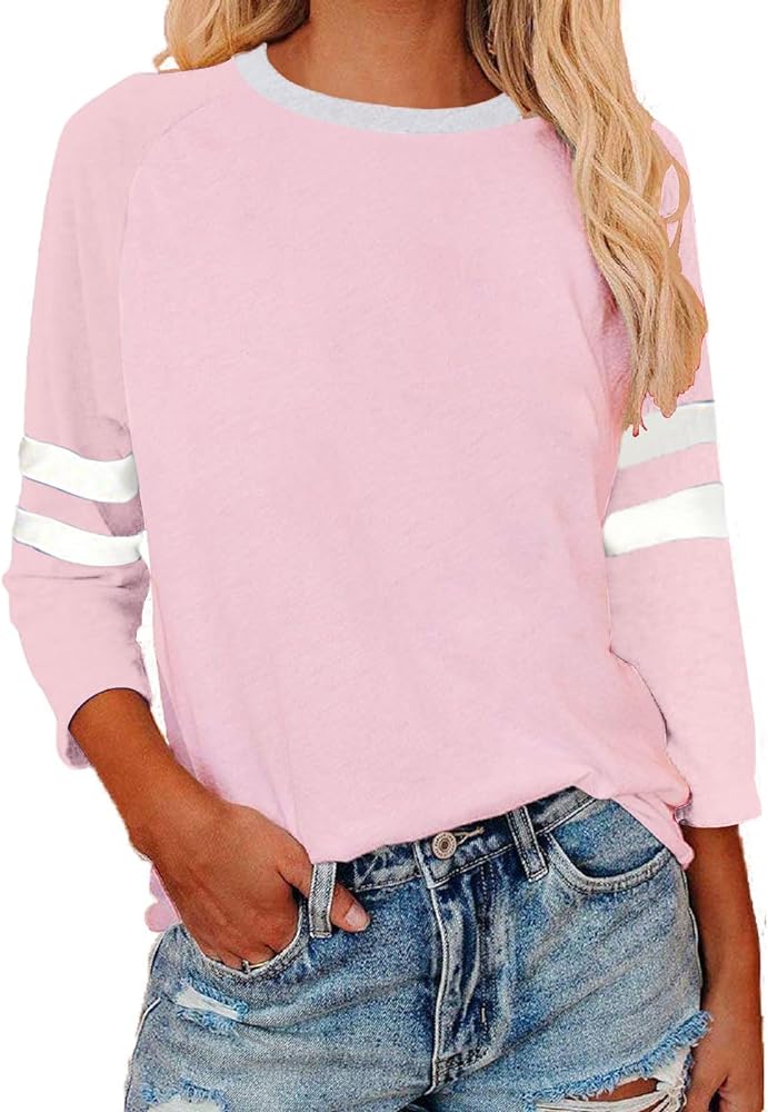 Womens 3/4 Sleeve Fashion Crewneck Tops Patchwork Blouse Casual Loose Comfy Shirt