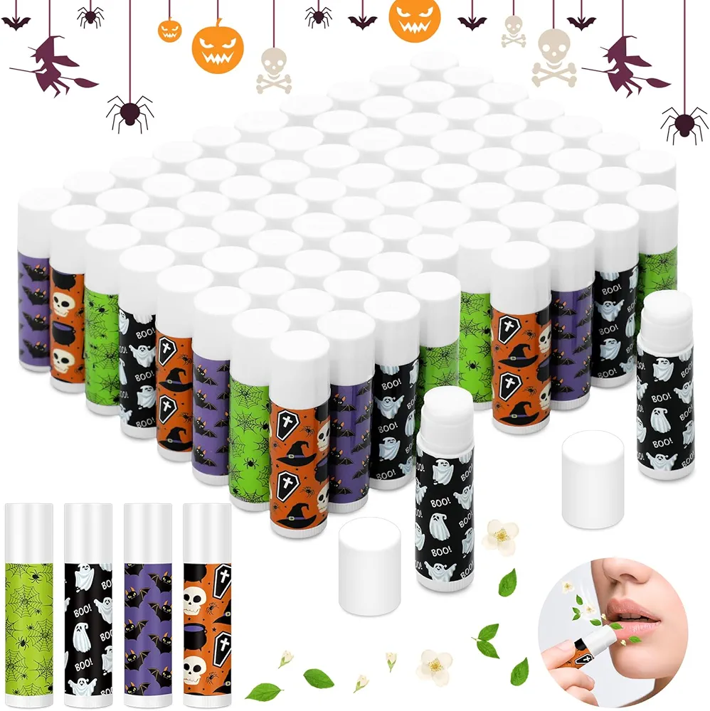 80 Pcs Halloween Lip Balm Ghost Spiderweb Skull Bat Lip Moisturizers for Halloween, 4 Styles