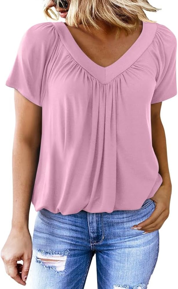 Dokotoo Womens Summer Shirts Basic V Neck Solid Color Loose Fit Short Sleeve Henley T-Shirts Casual Blouse for Women Loose Tee Tunic Tops 2024 Fashion Pink M