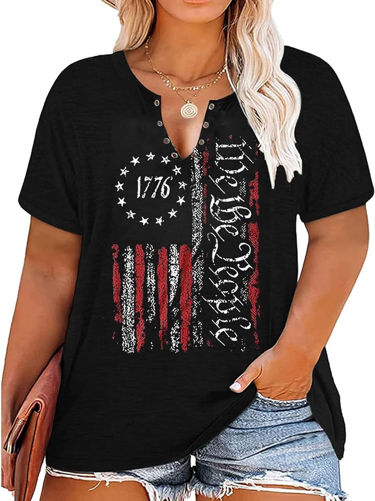 Plus Size USA Flag V-Neck T-Shirt Women Distressed American Flag Graphic Tees Short Sleeve 4th of July Patriotic Tops