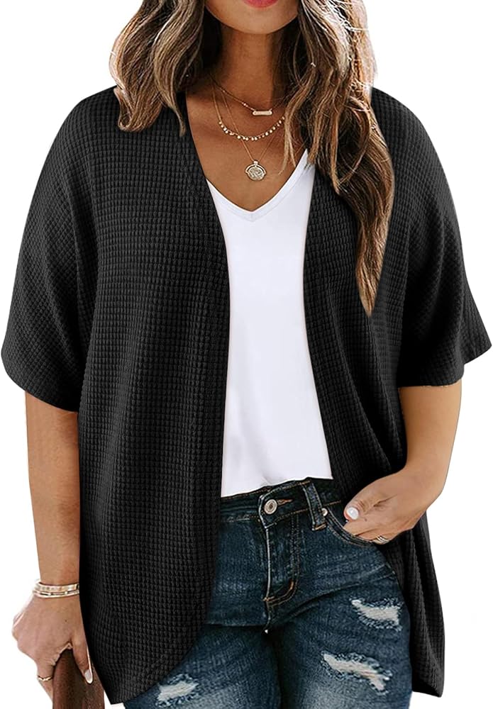 Eytino Womens Plus Size Cardigan Casual Short Sleeve Waffle Knit Kimono Open Front Tops(1X-5X)