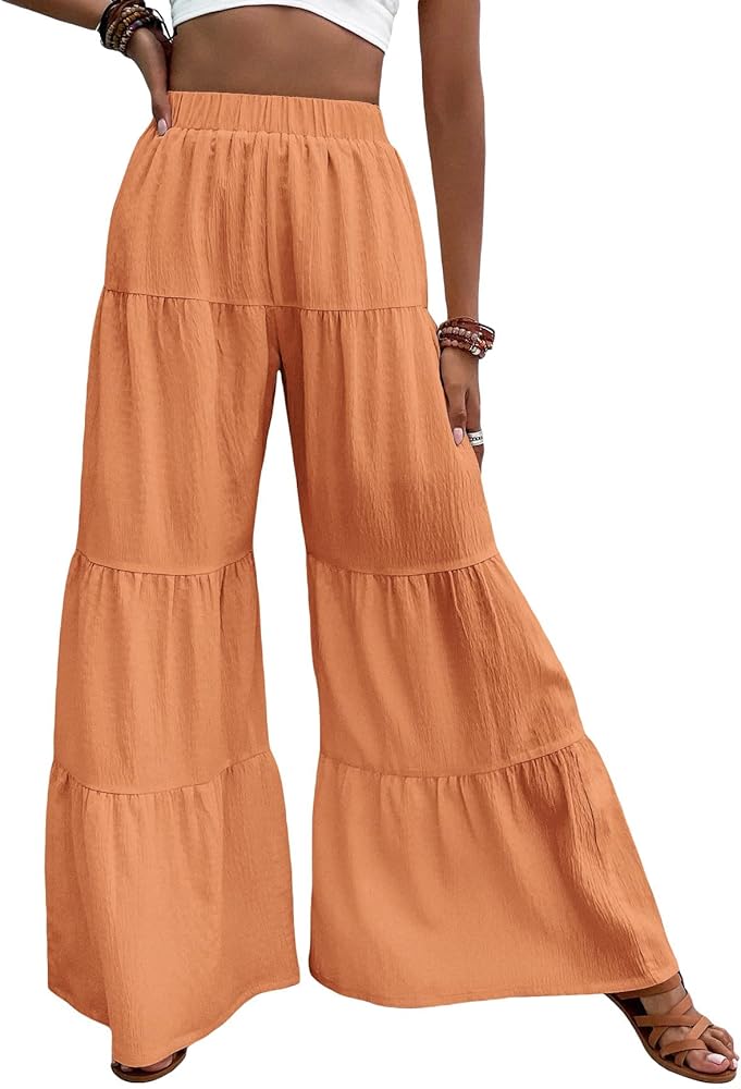 Floerns Women's Elastic High Waist Ruffle Wide Leg Pants Loose Beach Palazzo Pants