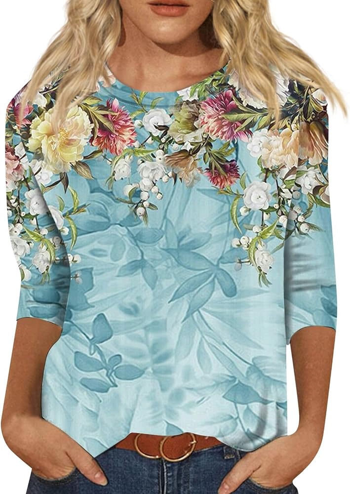 COTECRAM Summer Tops for Women 2024 Vacation 3/4 Lenght Sleeve Boho Shirts Floral Printed Dressy Casual Blouse Graphic Tees