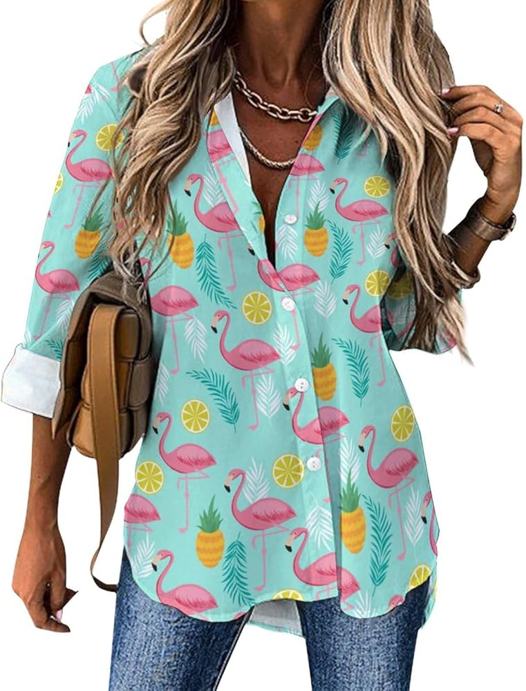 Flamingo and Pineapples Blouses for Women Hawaiian Button Down Long Sleeve Shirts Tees Tops