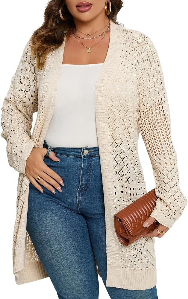 Eytino Women's Plus Size Cardigans Long Sleeve Hollow Out Open Front Fall Knit Sweaters Cardigans(1X-5X)