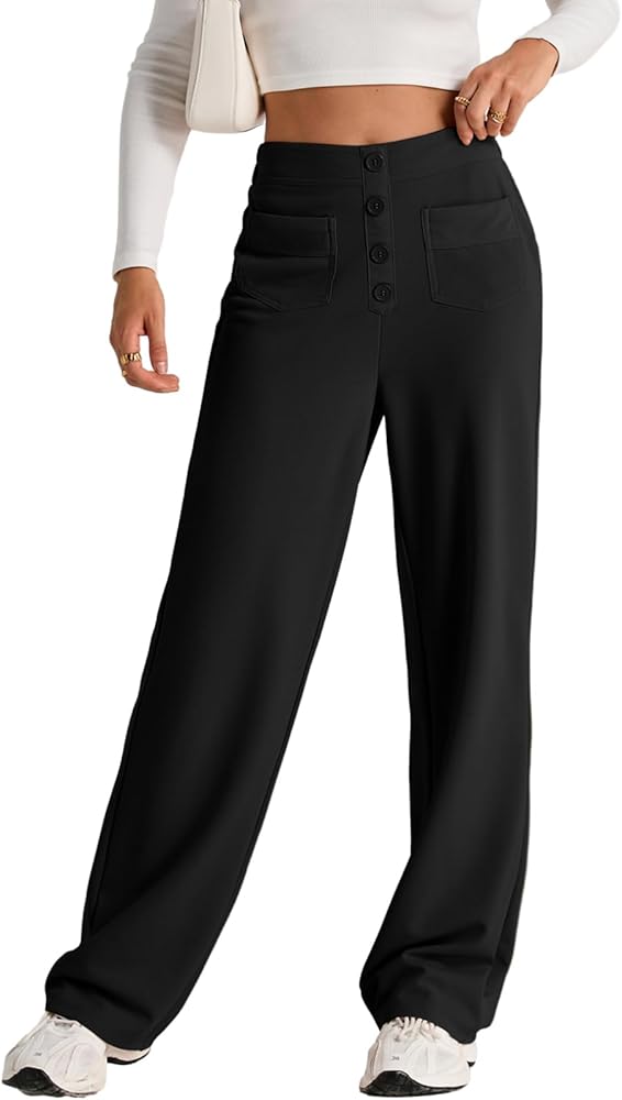 EVALESS Women's Fall 2024 Pants High Waist Straight Leg Pants Business Casual Button Down Work Pants Trousers with Pockets