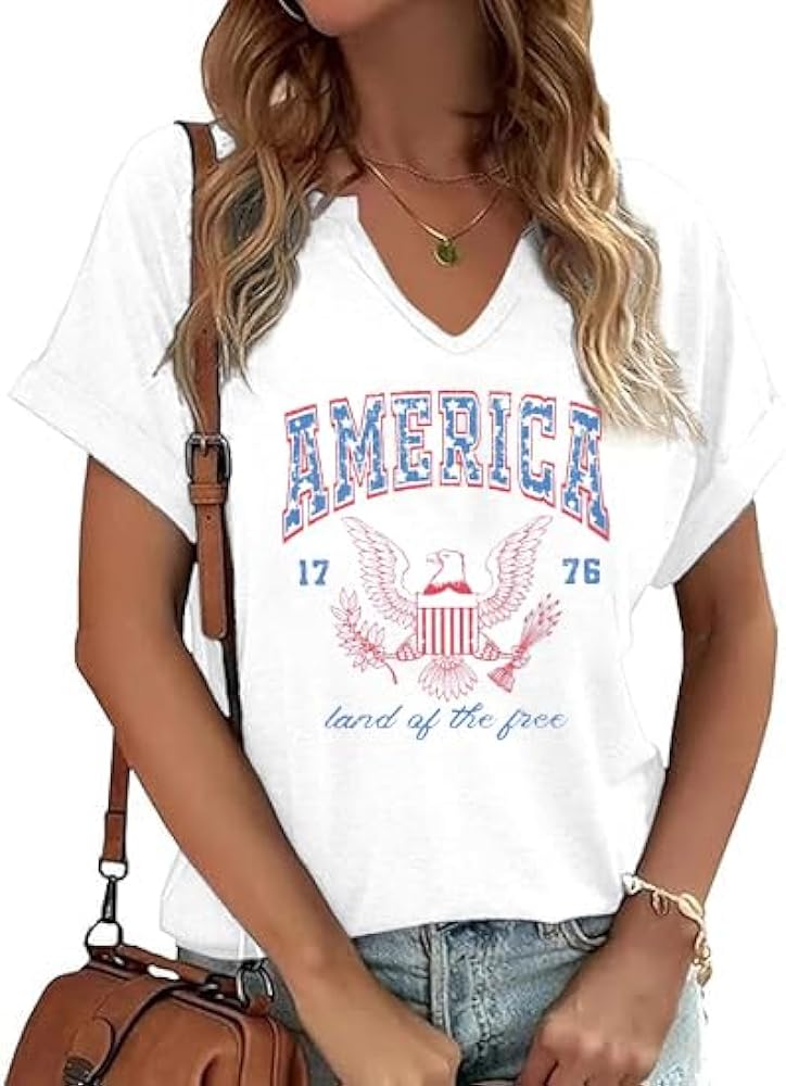 Patriotic Shirts for Women V Neck 4th of July America Flag Vintage Blouse Summer BBQ T-Shirts Memorial Tops Tee