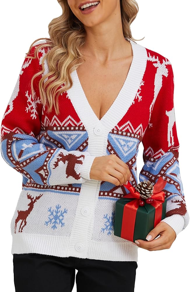 VENTELAN Classic Cardigan Ugly Christmas Sweaters for Women V Neck Button Down Sweater with Fun Patterns and Animals,S-2XL