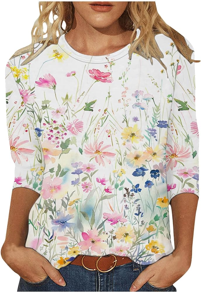 Ceboyel Womens Dressy Causal Summer Tops Floral 3/4 Length Sleeve Blouses Shirts Loose Fit Tunic Tshirts Trendy Clothing