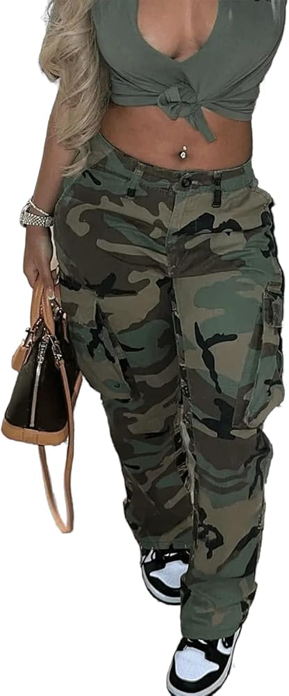 HuiSiFang Cargo Pants Women Camo Print Regular Fit Straight Leg Casual Long Pants with Pockets