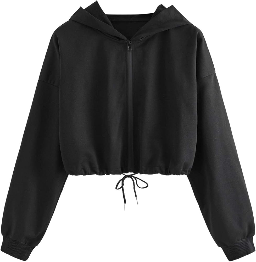 SweatyRocks Women's Long Sleeve Full Zip Drawstring Detail Crop Top Hoodie Sweatshirt Jacket Black Large