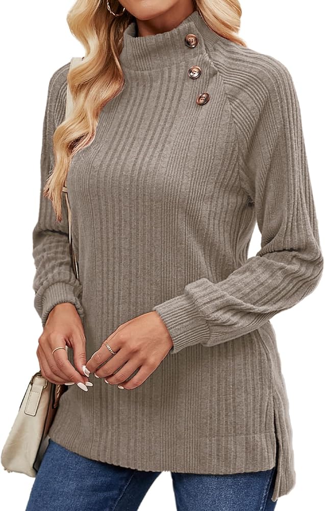 LURANEE Womens Long Sleeve Tunic Tops Turtle Neck Sweater Light High Low Side Split Sweatshirt