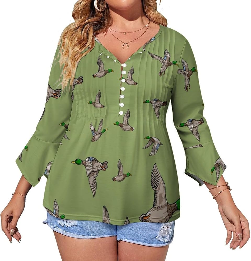 Mallard Duck Cute Womens T-Shirts 3/4 Sleeve Button Down Tee Tops Blouse Summer Beach