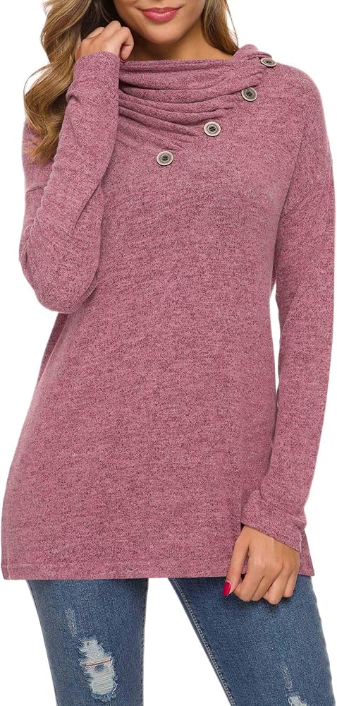 WEACZZY Womens Long Sleeve Button Cowl Neck Casual Loose Tunic Tops Blouse