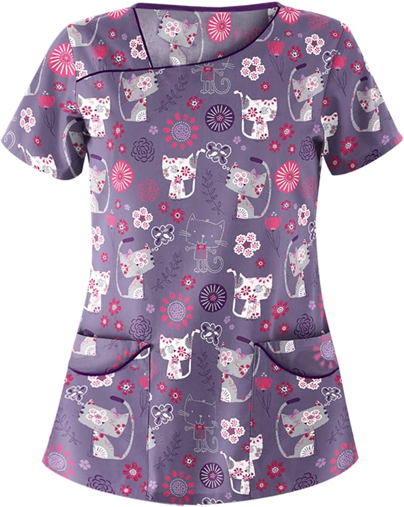 PETYCZEN Scrub Tops Women Summer Cute Animals Print Short Sleeve V Neck T Shirts Stretchy Nursing Uniform Tops with Pockets