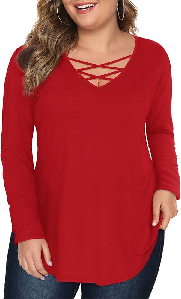 Amoretu Womens' Plus Size Tops with Long Sleeve Criss Cross Neck