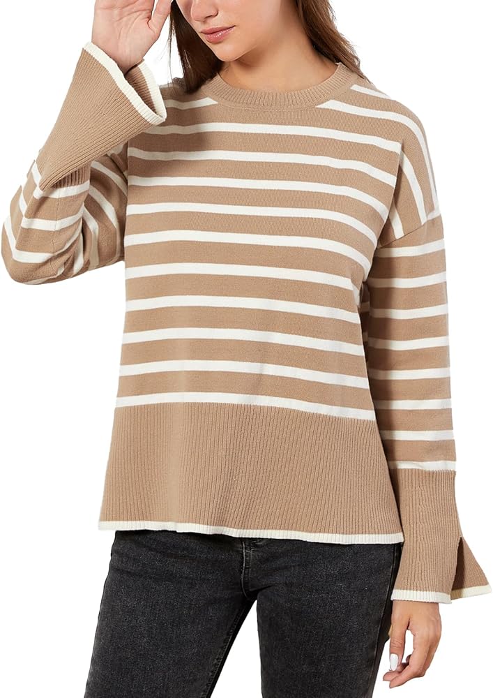 Womens Striped Sweater Long Sleeve Crewneck Sweater Oversized Knit Fall Winter Pullover