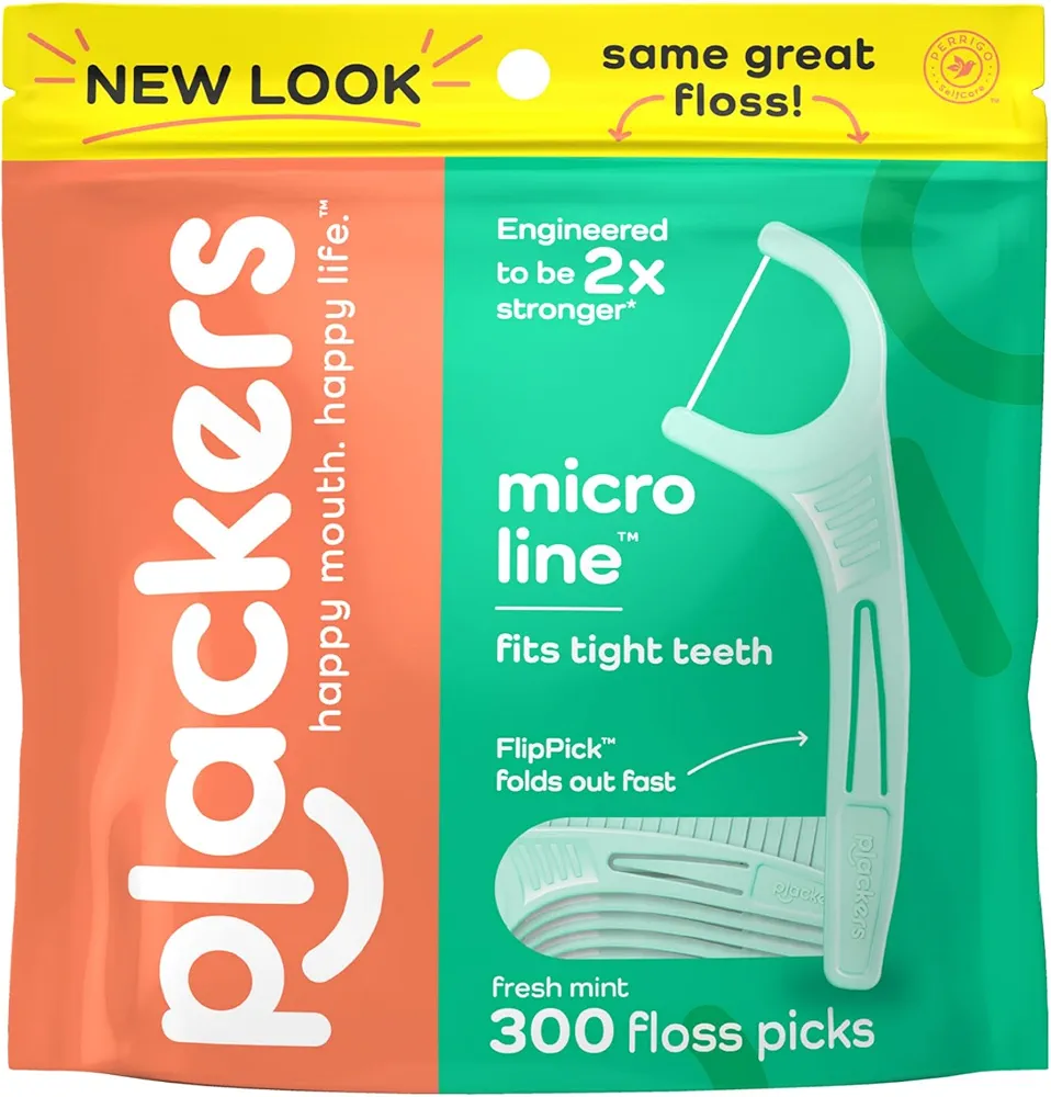 Plackers Micro Line Dental Floss Picks, Fold-Out FlipPick, Tuffloss, Easy Storage with Sure-Zip Seal, Fresh Mint Flavor, 300 Count