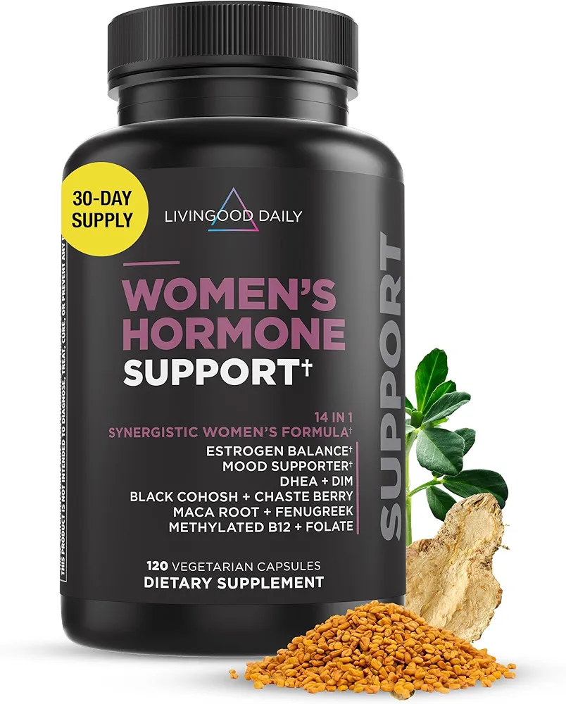 Livingood Daily Women's Hormone Support - Better Mood, Hormonal Balance, PMS Relief & Menopause Supplements - Estrogen Supplement for Women w/Fenugreek Black Cohosh, Chasteberry & DIM - 120 Capsules