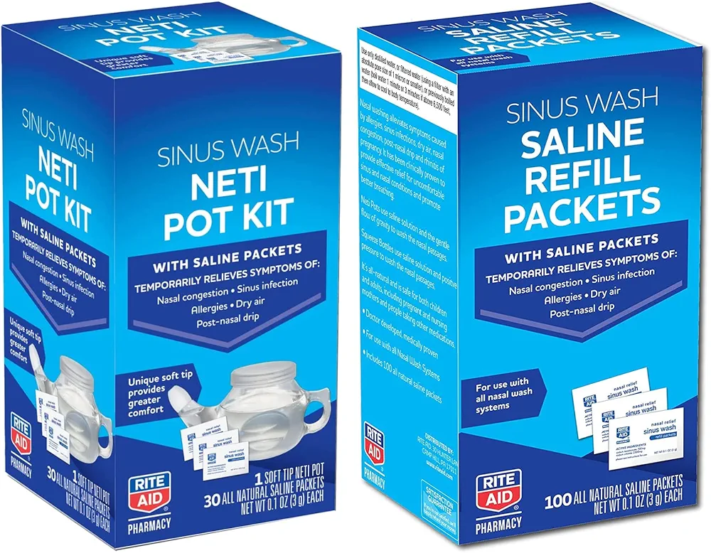 Rite Aid Neti Pot Nasal Rinse Kit and Saline Rinse Packets | includes 130 Natural Saline Packets | Nasal Relief | Allergy Relief Saline Solution | Nasal Rinse | Sin