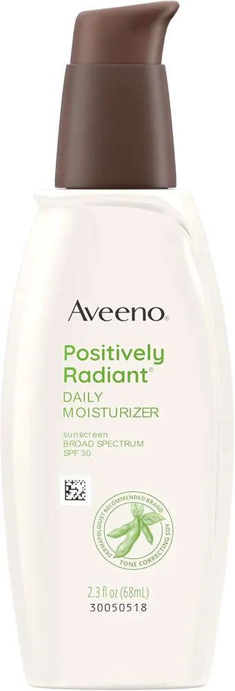 Aveeno Positively Radiant Face Moisturizer with SPF 30 Sunscreen, Hydrating Facial Moisturizer with Soy Extract to Visibly Improve Skin Tone and Texture, Hypoallergenic Formula, Oil-Free, 2.3 FL OZ