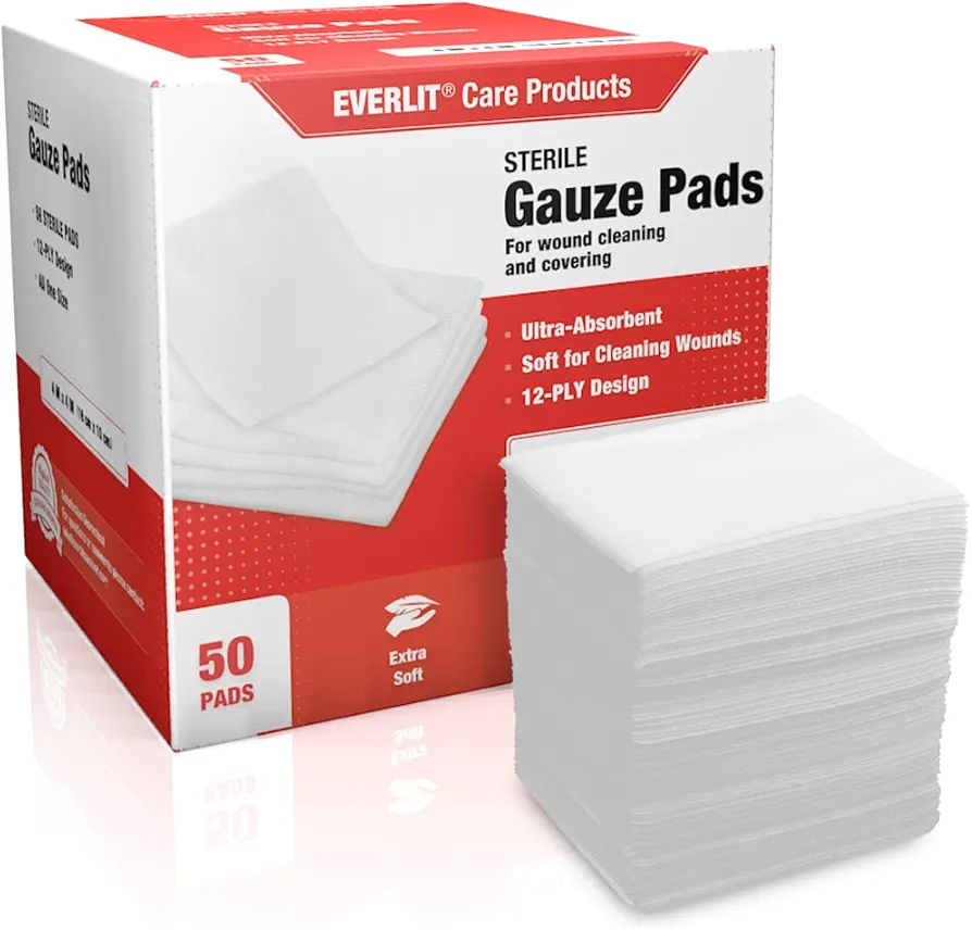 EVERLIT [Extra-Thick] 4''x4'' Sterile Gauze Pad 12-Ply, 100 Pack, Individual Wrapped, Ultra Absorbent Large Non-Woven Medical Gauze Sponges for Wound Care Home First Aid Kit