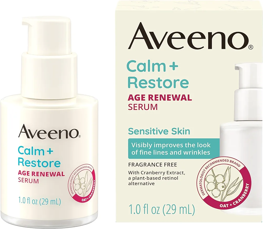 Aveeno Calm + Restore Age Renewal Anti-Wrinkle Face Serum, Anti Aging Serum with Nourishing Oat & Cranberry Extract Visibly Improves the Look of Fine Lines, Fragrance Free, 1.0 fl. Oz