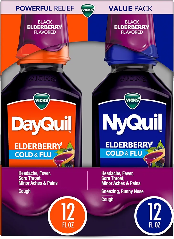 VICKS DayQuil & NyQuil Elderberry Flavor Cold & Flu Relief Co-Pack, Powerful Multi-Symptom Daytime and Nighttime Relief for Headache, Fever, Sore Throat, Minor Aches and Pains, and Cough, 2x12 FL OZ