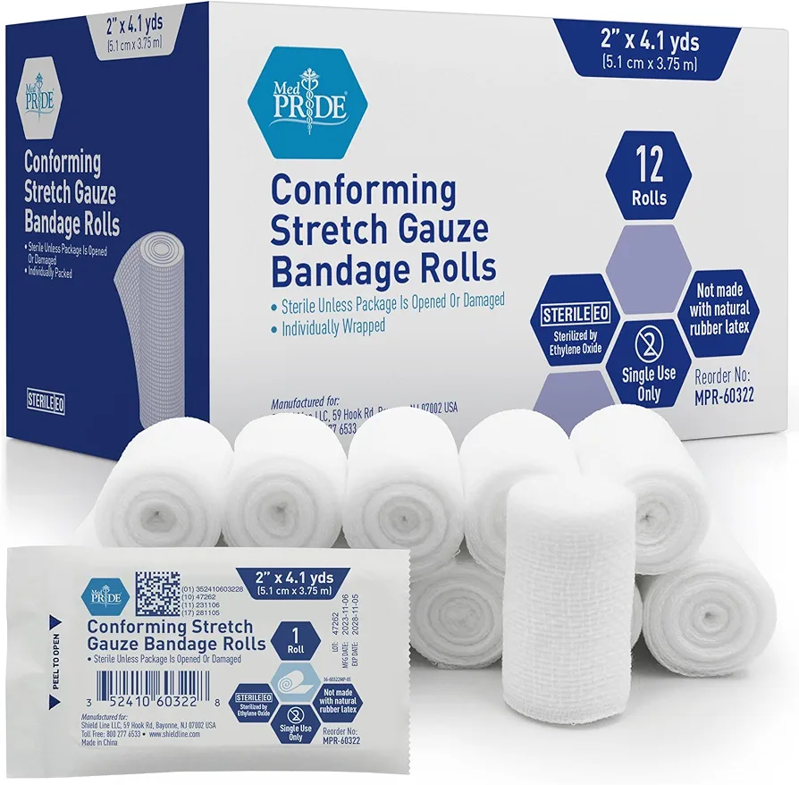 MED PRIDE Conforming Stretch Gauze Bandages 12 Rolls 2'' x 4.1 Yards | Sterile Latex Free First Aid Pads | Wound Care Rolled Dressing Wrap | Medical Non-Adherent Mesh Bandages