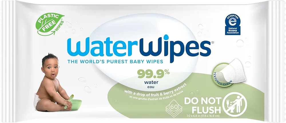 WaterWipes Plastic-Free Textured Clean, Toddler & Baby Wipes, 99.9% Water Based Wipes, Unscented & Hypoallergenic for Sensitive Skin, 60 Count (1 pack)