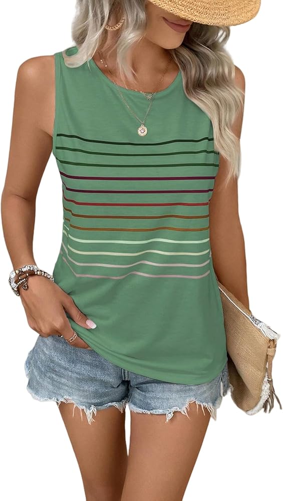 Women's Casual Striped Tank Tops Sleeveless Crew Neck T Shirts Comfy Loose Basic Tees 2024 Trendy Blouse