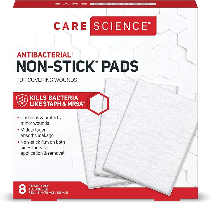 Care Science Non-Stick Pads, 3 x 4 in, 8 ct | Non-Stick Pads for Covering Wounds