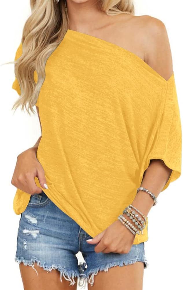 REVETRO Womens Sexy Off The Shoulder Tops Summer Short Batwing Sleeve Loose T-Shirts