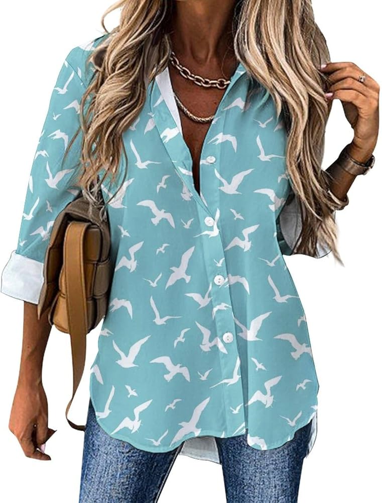 Cute Seagulls Classic Shirts for Women Long Sleeve Blouse Casual V Neck Tee Tops Work Office