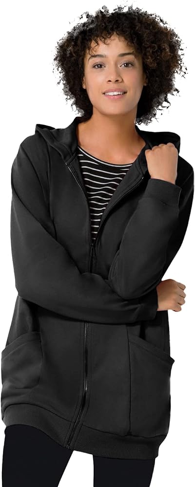 Woman Within Plus Size Zip Front Hoodie Jacket Long Oversized Fleece Jacket