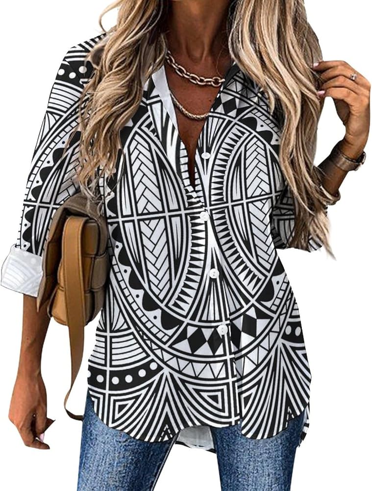 Maori Style Tattoo Blouses for Women Hawaiian Button Down Long Sleeve Shirts Tees Tops