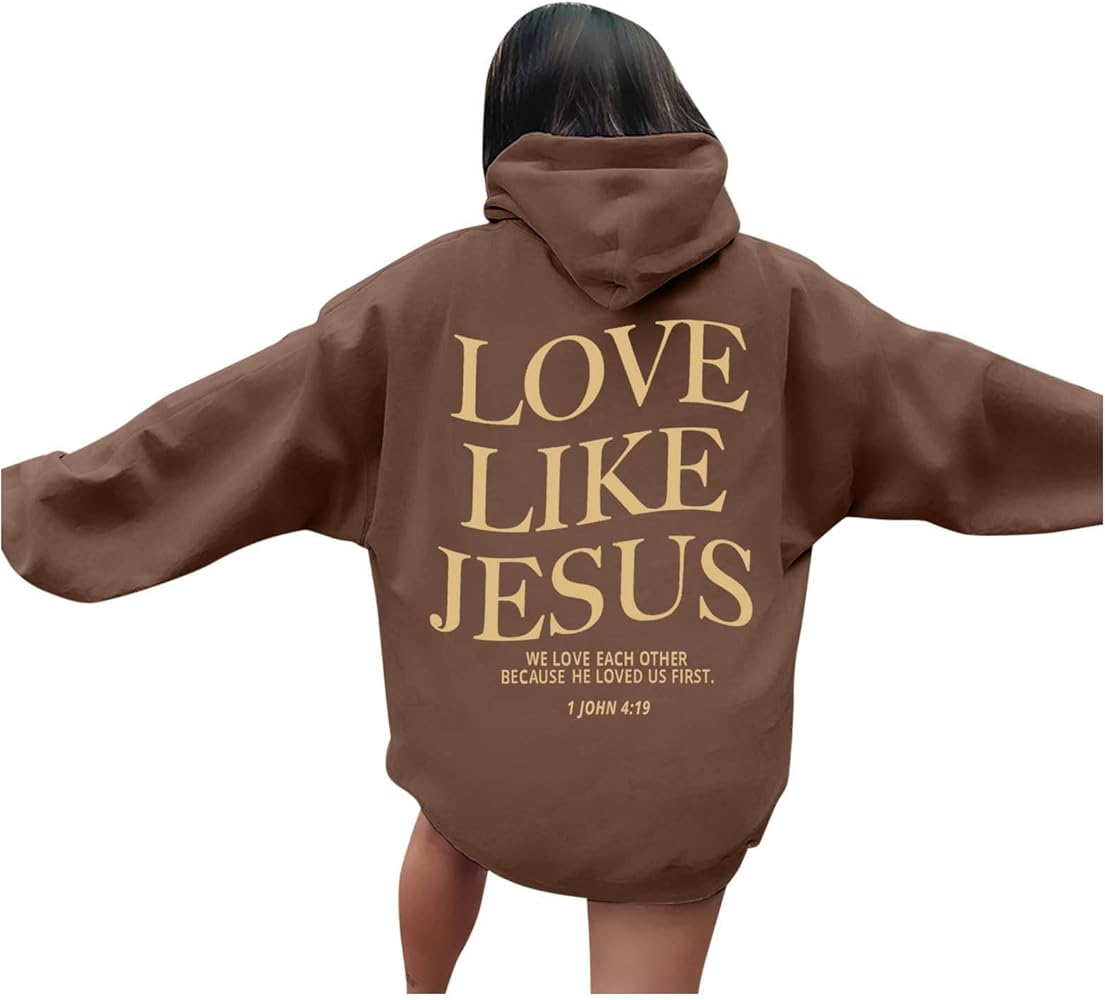 Graphic Hoodie Streetwear Jesus Loves You Bible Verse Letter Printed Fall Outfit with Kangaroo Pocket Drawstring Leisure Fall