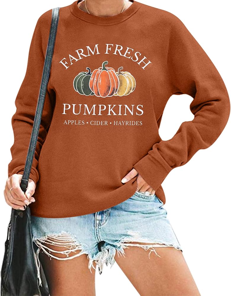 VILOVE Farm Fresh Pumpkin Sweatshirt Women Fall Sweatshirt Pumpkin Graphic Hoodie Happy Fall Yall Long Sleeve Tops