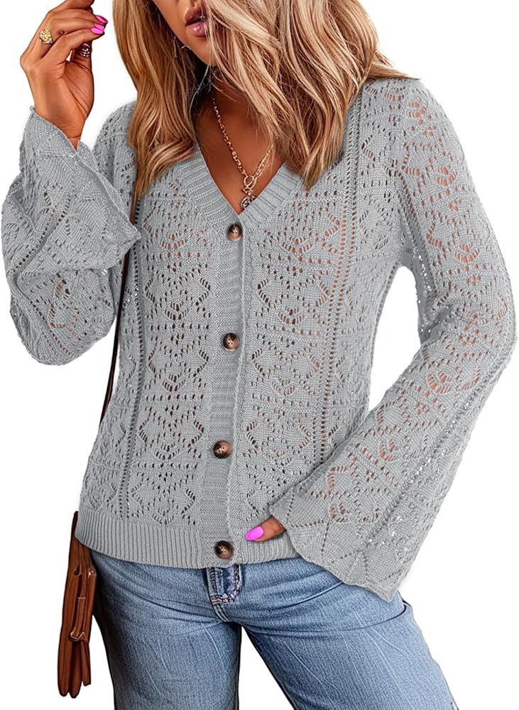 Dokotoo Cardigan Sweaters for Women Long Sleeve Shirts Lightweight Cardigan Button Down Crochet Tops Fall Outfits 2024