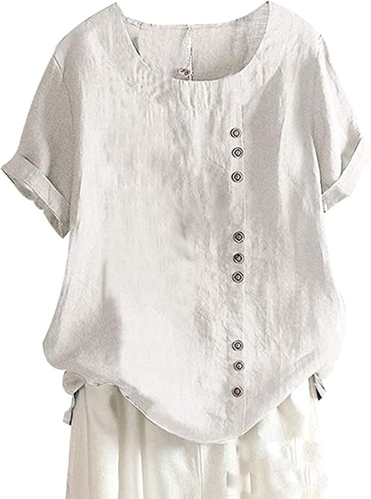 Tanming Loose T Shirts for Women Summer Tunic Tops Crew Neck Short Sleeve Cotton Blend Blouse