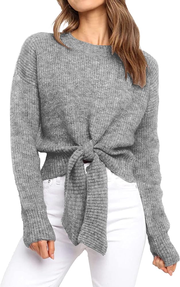 Okiwam Women's Long Sleeve Cropped Knit Sweater Tie Front Crew Neck Solid Color Ribbed Pullover 2024 Casual Tops Jumper