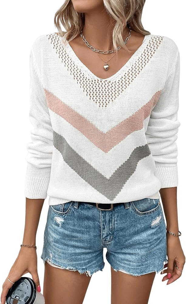 SOLY HUX Women's V Neck Sweater Long Sleeve Chevron Pattern Pointelle Knit Pullover Top